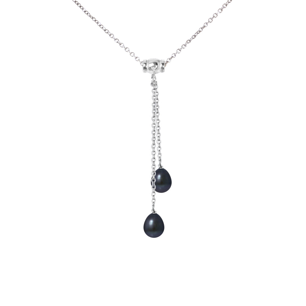 Collier Toi & Moi 2 Perles de Culture d'Eau Douce- Diamètre 7-8 mm Black Tahiti- Bijou Femme- Argent 925 Millièmes