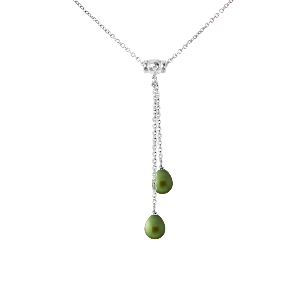 Collier Toi & Moi 2 Perles de Culture d'Eau Douce- Diamètre 7-8 mm Vert Intense- Bijou Femme- Argent 925 Millièmes