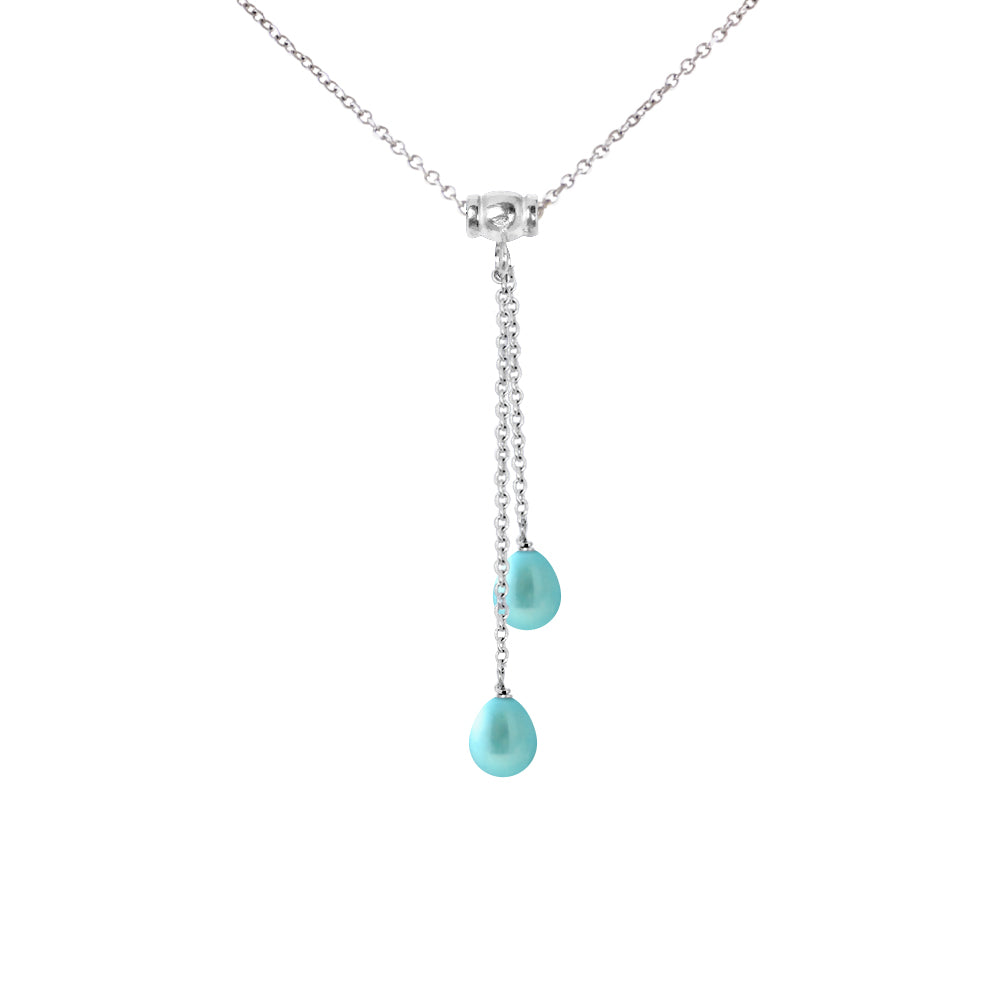 Collier Toi & Moi 2 Perles de Culture d'Eau Douce- Diamètre 7-8 mm Bleu Turquoise- Bijou Femme- Argent 925 Millièmes