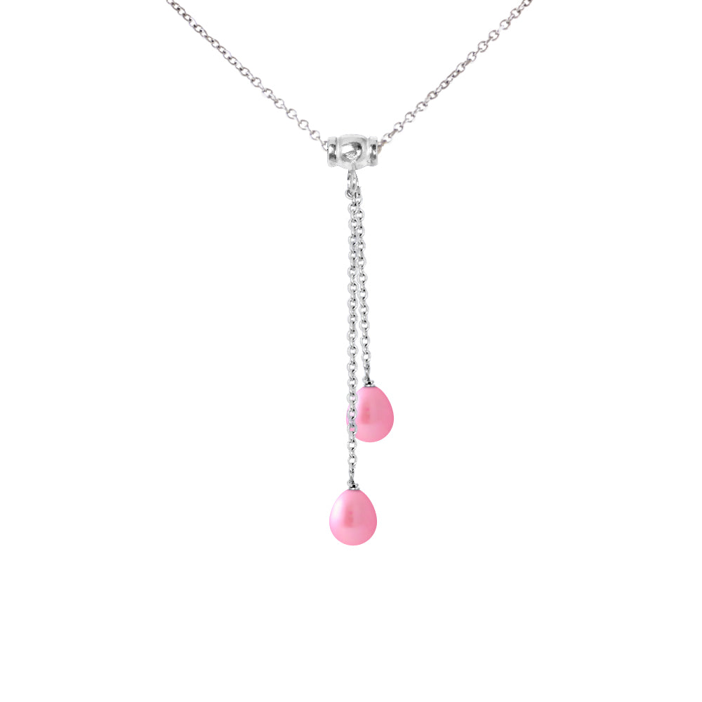 Collier Toi & Moi 2 Perles de Culture d'Eau Douce- Diamètre 7-8 mm  Rose Fushia- Bijou Femme- Argent 925 Millièmes