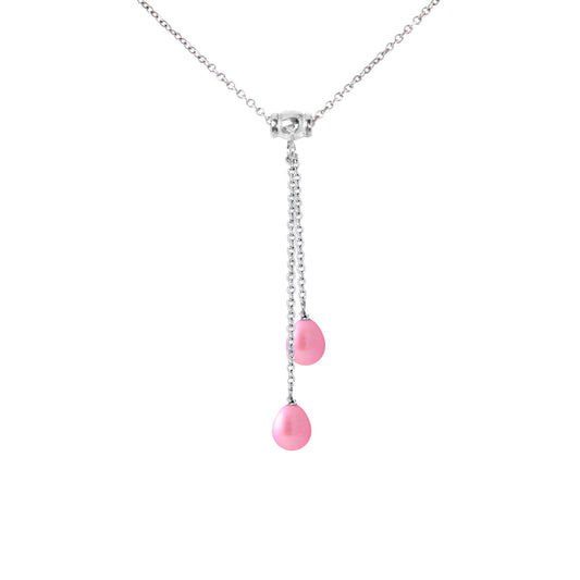 Collier Toi & Moi 2 Perles de Culture d'Eau Douce- Diamètre 7-8 mm  Rose Fushia- Bijou Femme- Argent 925 Millièmes