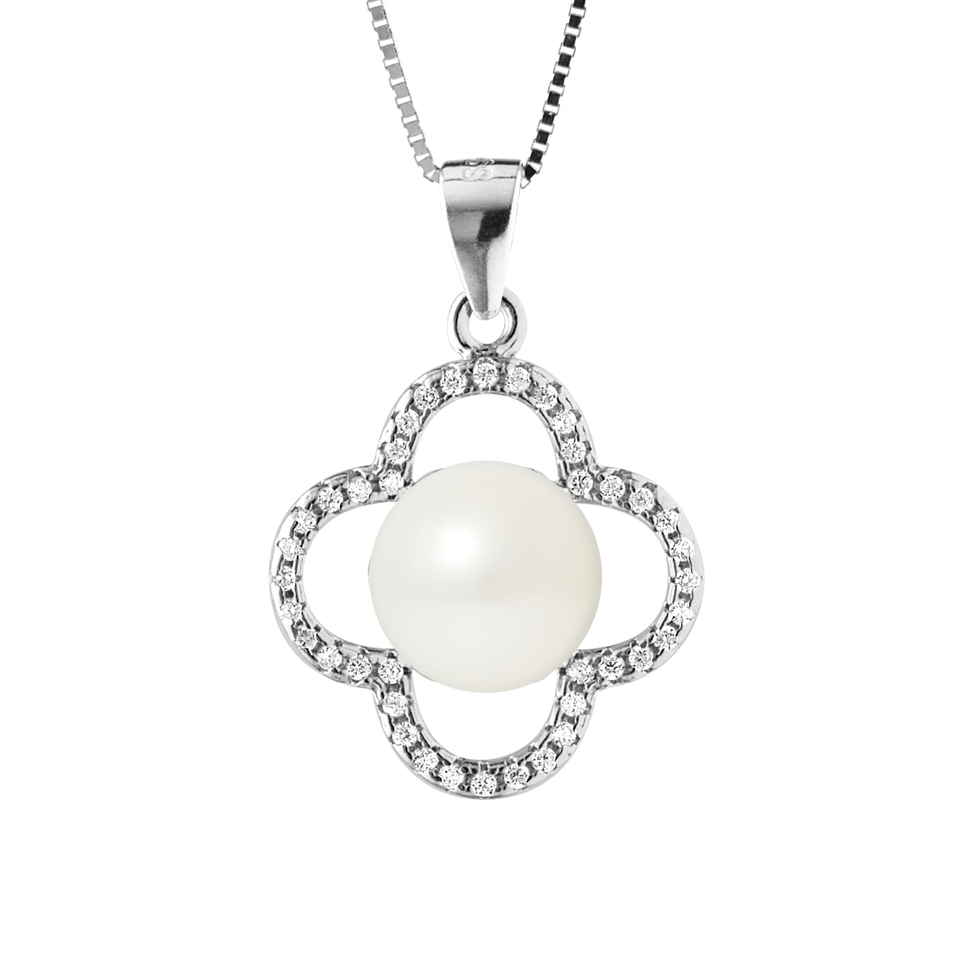 Collier Trèfle- Perle de Culture d'Eau Douce- Diamètre 9-10 mm Blanc- Bijou Femme- Argent 925 Millièmes