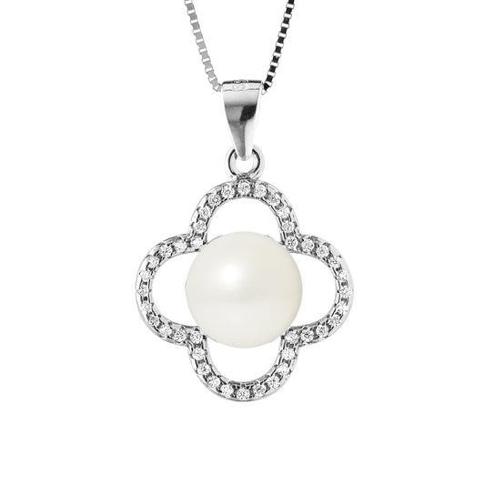 Collier Trèfle- Perle de Culture d'Eau Douce- Diamètre 9-10 mm Blanc- Bijou Femme- Argent 925 Millièmes