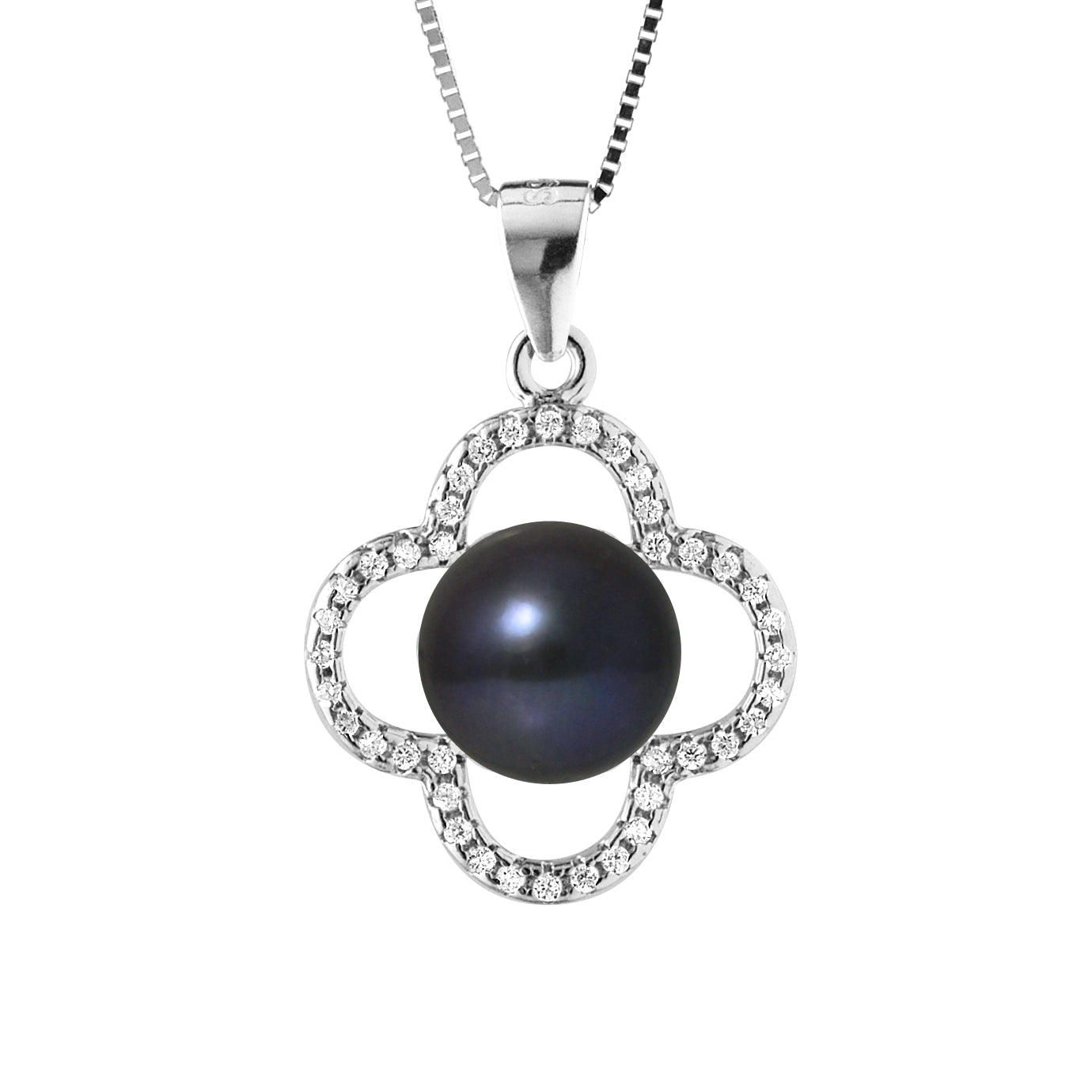 Collier Trèfle- Perle de Culture d'Eau Douce- Diamètre 9-10 mm Black Tahiti- Bijou Femme- Argent 925 Millièmes