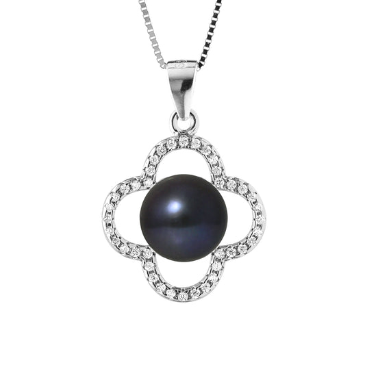 Collier Trèfle- Perle de Culture d'Eau Douce- Diamètre 9-10 mm Black Tahiti- Bijou Femme- Argent 925 Millièmes