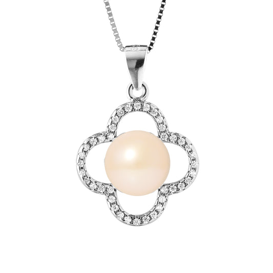 Collier Trèfle- Perle de Culture d'Eau Douce- Diamètre 9-10 mm- Rose- Bijou Femme- Argent 925 Millièmes