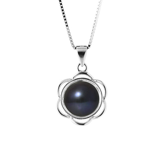 Collier Fleur- Perle de Culture d'Eau Douce  Bouton 8-9 mm Black Tahiti- Bijou Femme- Argent 925 Millièmes