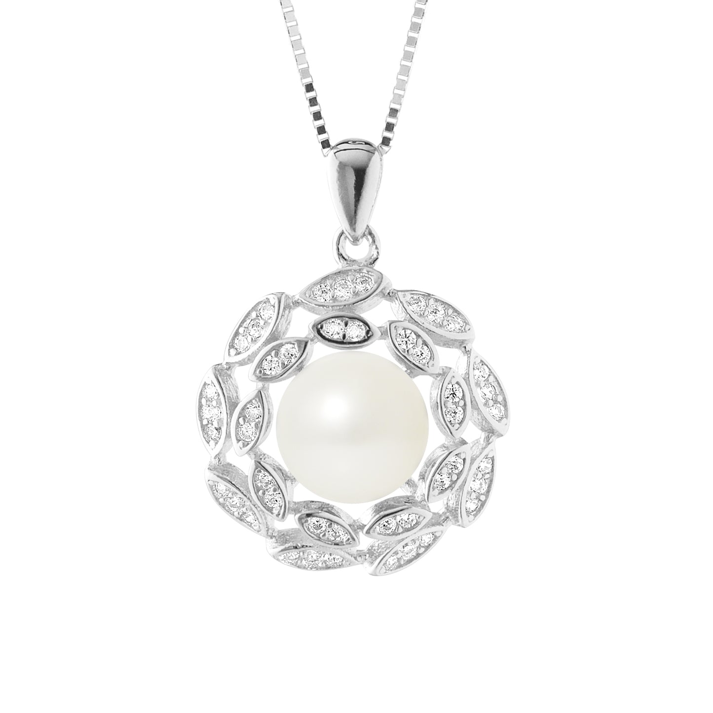 Collier Corolle- Perle de Culture d'Eau Douce  Bouton 8-9 mm Blanc- Bijou Femme- Argent 925 Millièmes