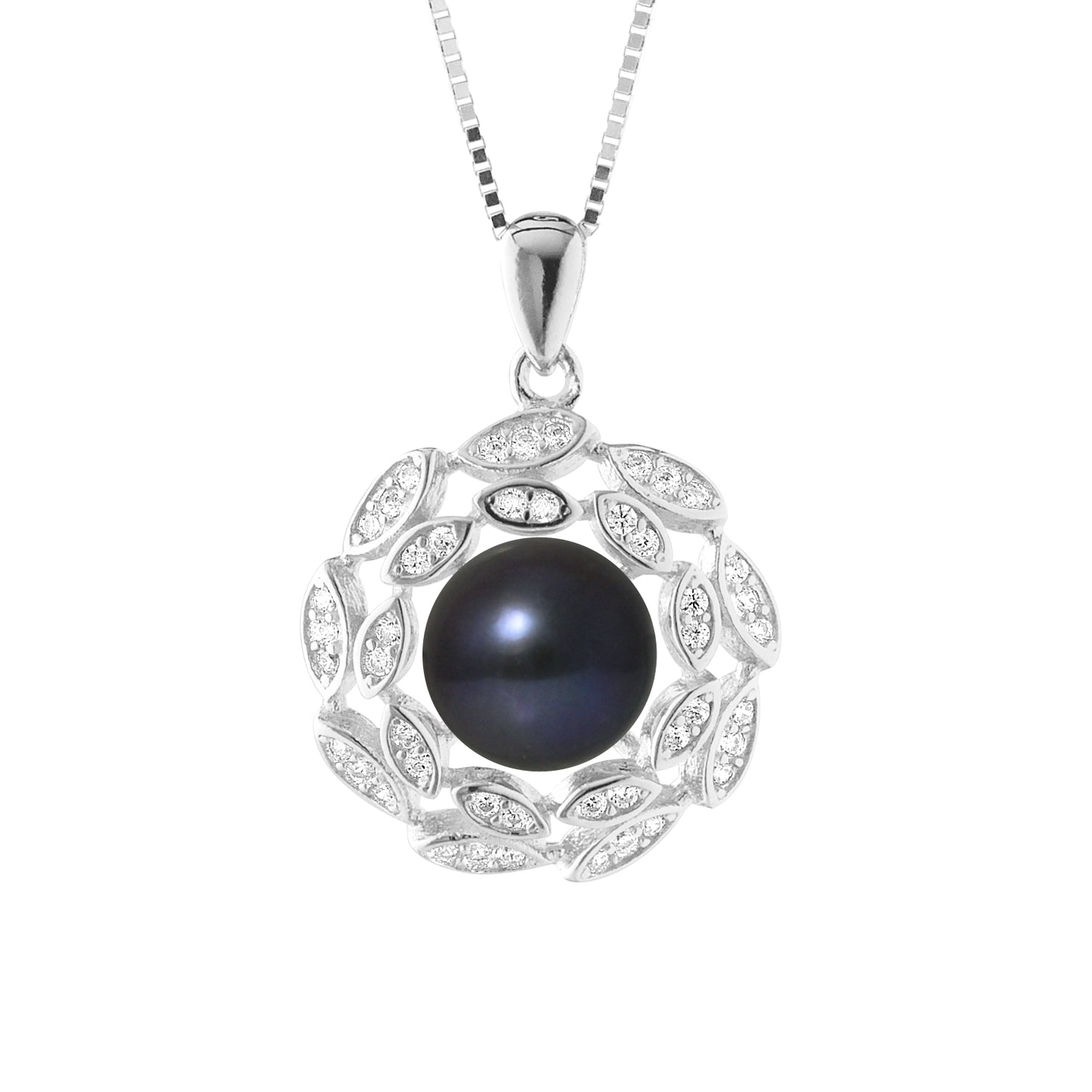 Collier Corolle- Perle de Culture d'Eau Douce  Bouton 8-9 mm Black Tahiti- Bijou Femme- Argent 925 Millièmes