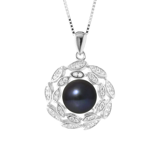 Collier Corolle- Perle de Culture d'Eau Douce  Bouton 8-9 mm Black Tahiti- Bijou Femme- Argent 925 Millièmes