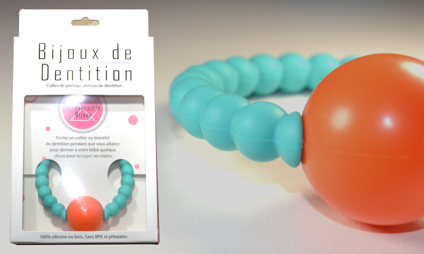 Bracelet bijou hochet de dentition et de portage - Bleu et Orange