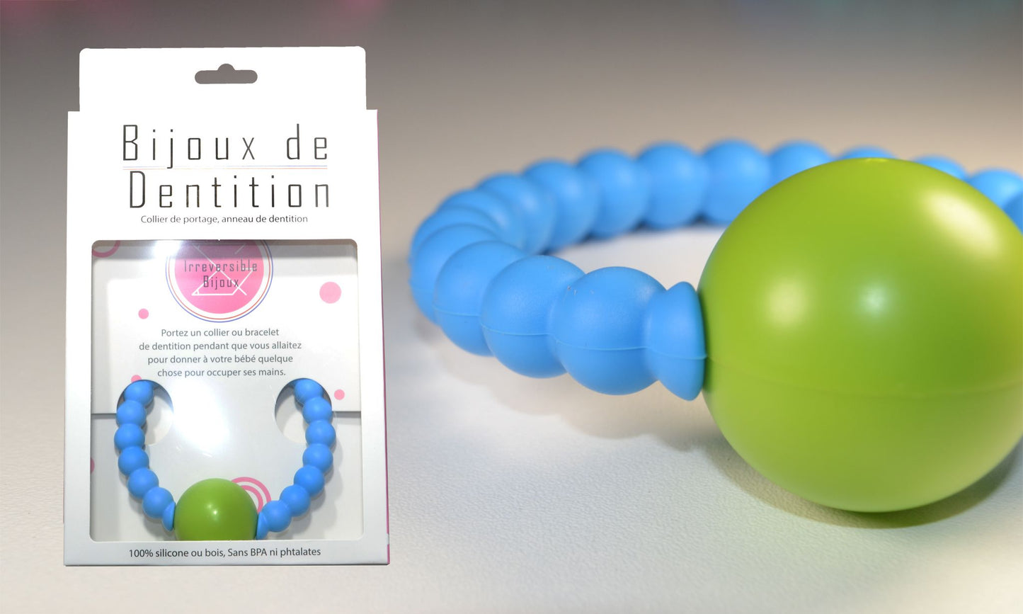 Bracelet bijou hochet de dentition et de portage - Bleu et Vert