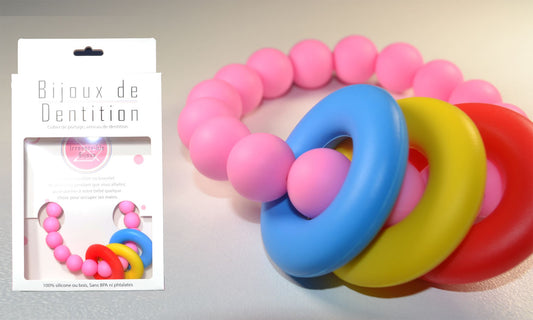 Bracelet bijou anneaux de dentition et de portage - Rose, bleu, jaune et rouge