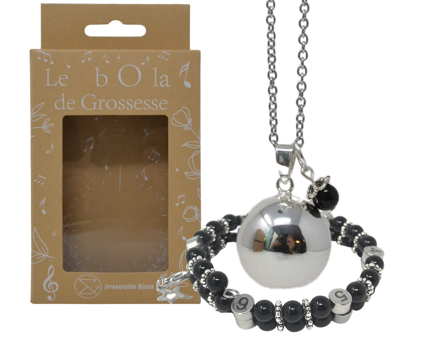 Box Bola argent lisse et bracelet d'allaitement pierre naturelle - Obsidienne