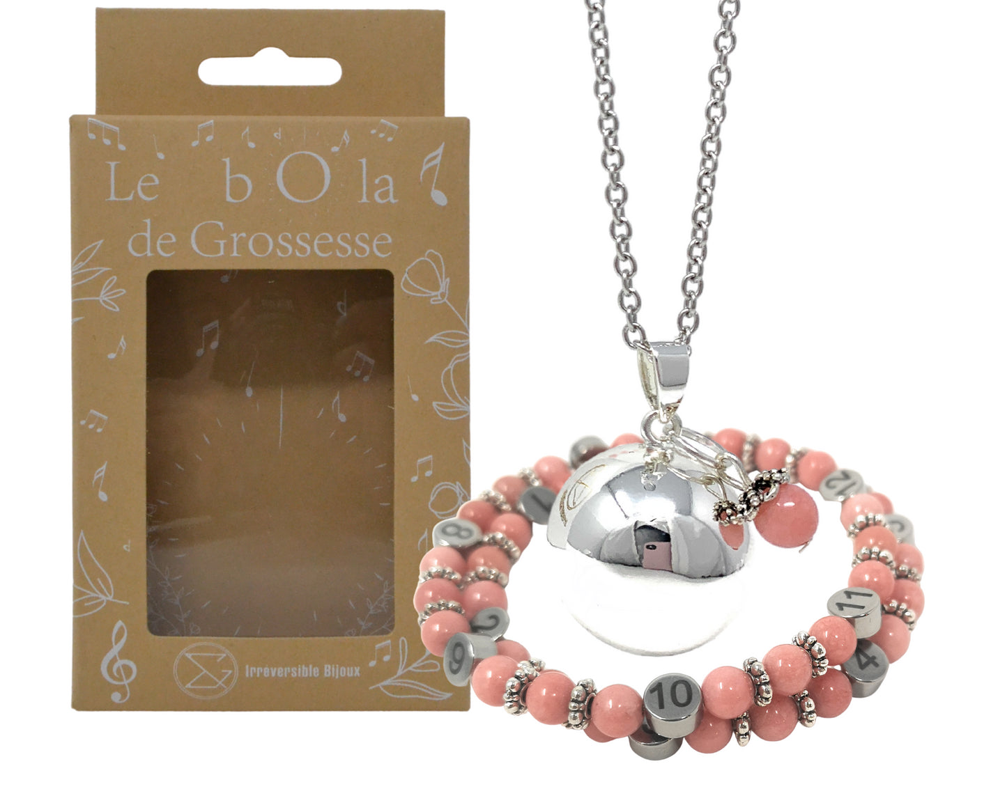 Box Bola argent lisse et bracelet d'allaitement pierre naturelle - Quartz rose