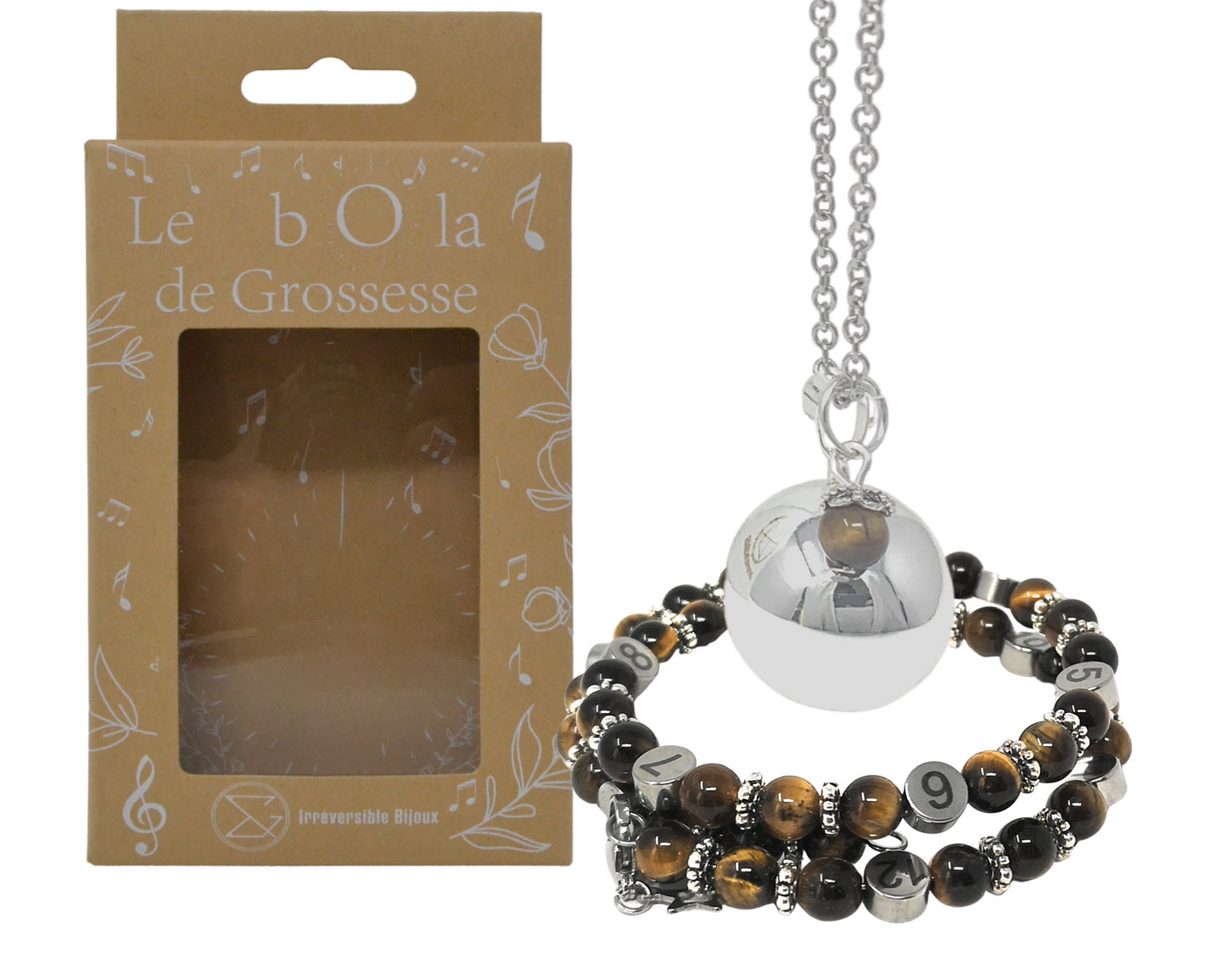 Box Bola argent lisse et bracelet d'allaitement pierre naturelle - Œil du Tigre Marron